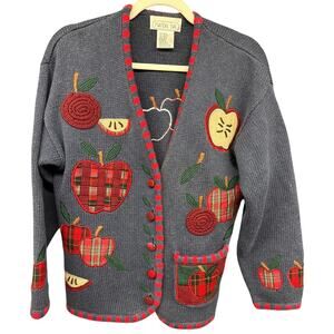 Mandal Bay Small Petite Vintage Cardigan Sweater Apple Embroidery Teacher Fall